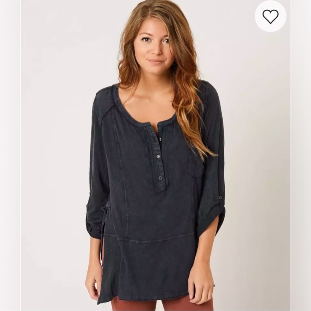 Free People Stargazer Henley Top in Navy Blue Distressed Boho Western Grunge S